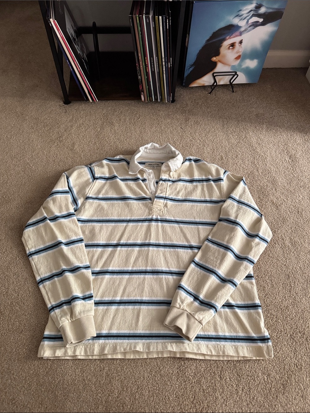 Urban Outfitters Men’s Cream Long Sleeve Rugby Shirt with Blue Stripes